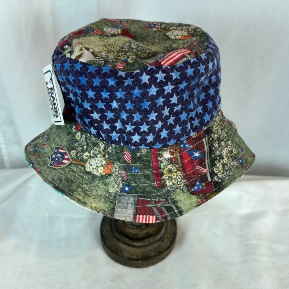 Handmade Kids Reversible Bucket Hat Americana Stars Surfing Dogs Sun Hat 18in